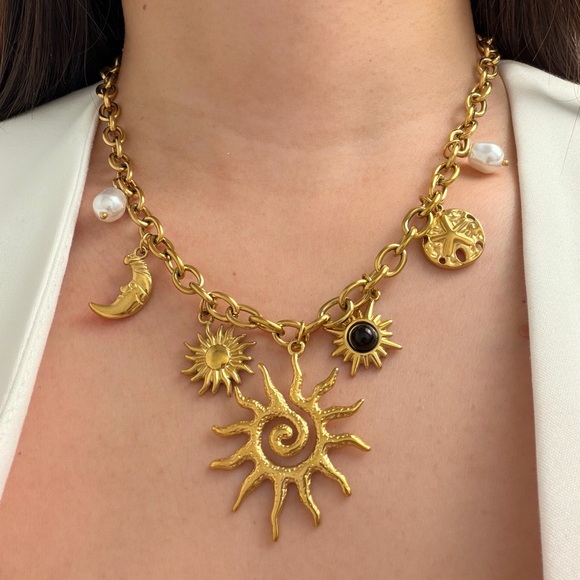 Jewelry - Gold Sun Charm Necklace with Pearl Accents